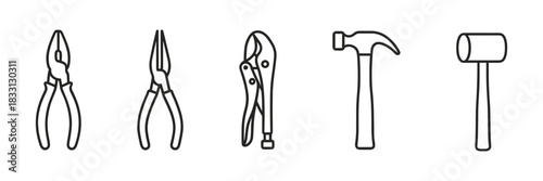 Minimalist Line Art Hand Tools, Pliers, Hammer, and Vise for DIY Projects