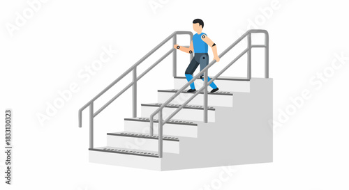 Man descending stairs with handrails, illustration of safety and accessibility.