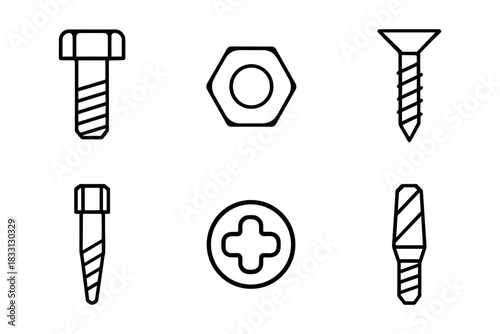 Minimalist Line Art Bolts, Nuts, and Screws for Hardware and Repair