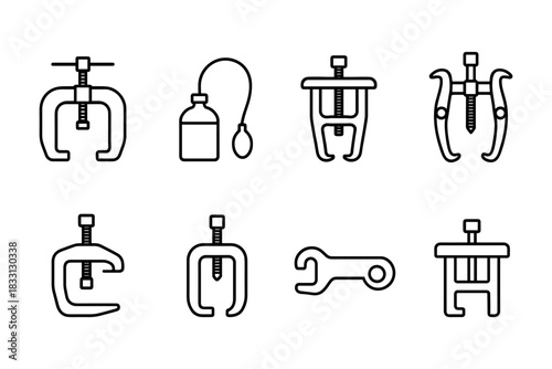 Minimalist Line Art Automotive Tools, Pullers and Clamps for Car Repair