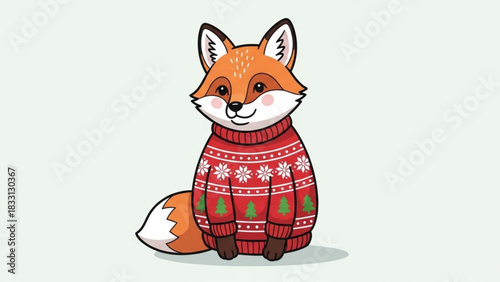 Cute cartoon fox wearing a festive red christmas sweater with white snowflakes and green christmas trees sitting down with its tail visible against a plain light background