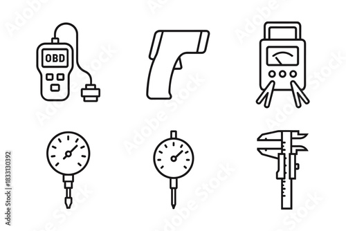 Minimalist Line Art Diagnostic Tools, Automotive and Measurement Instruments