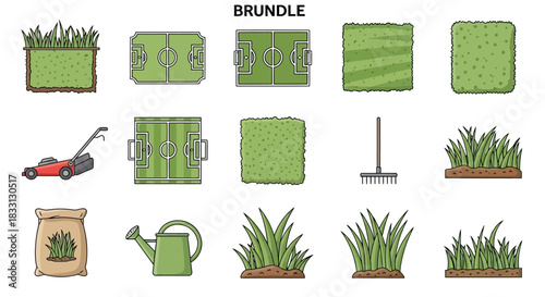 Collection of various grass types, lawn care tools, and soccer field icons for gardening and landscaping designs.