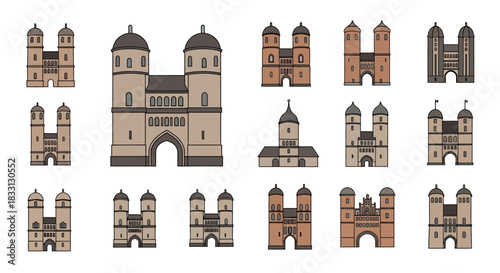 Collection of various cartoon-style church and cathedral illustrations with towers and arched entrances.