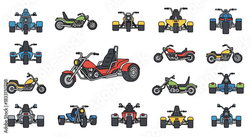 A comprehensive collection of various three-wheeled motorcycles, showcasing different models and perspectives.