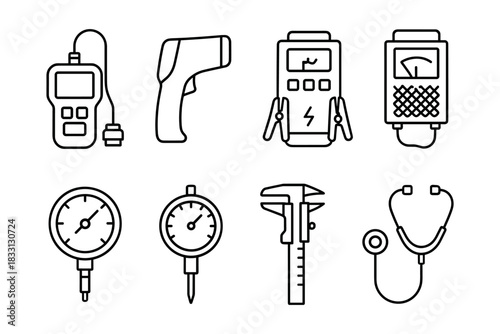 Minimalist Line Art Diagnostic Tools, Automotive and Medical Measurement Instruments