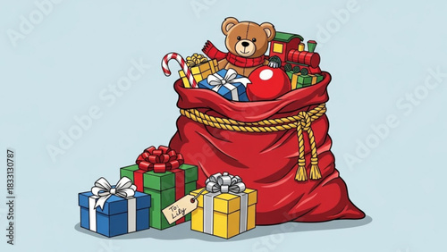 A large red sack overflowing with christmas gifts including a teddy bear toy train candy cane and wrapped presents with additional gifts piled in front of the sack