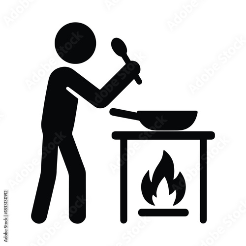 Vector icon of a stick figure cooking in a frying pan. Represents home cooking, recipe preparation, and culinary activities. Clean minimalist design on a transparent background.