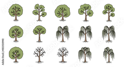 A collection of various hand-drawn tree illustrations, including leafy deciduous trees, bare trees, and weeping willows, showcasing different shapes and styles.