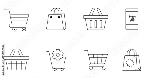 Collation of shopping cart icons set. Trolley symbol. Shopping cart line and flat icon. Shopping basket icon set. Vector illustration.