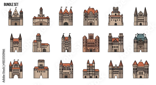 Collection of various historical castle and fortress illustrations in a flat design style, featuring different architectural elements and structures.