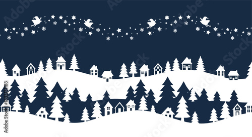 Minimalist winter village illustration with snowy hills and festive celestial elements for holiday season background design