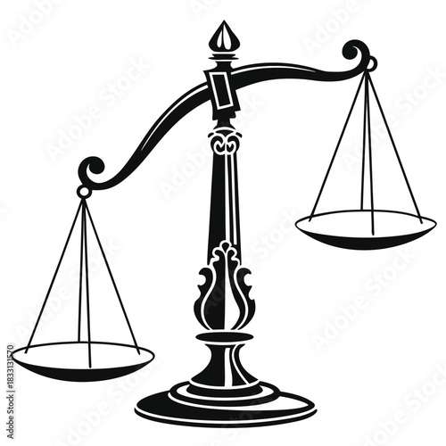 Justice scales symbol, black silhouette on white background, representing law and balance