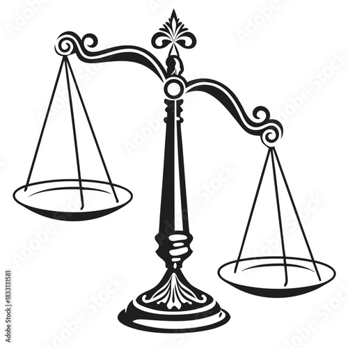 Justice scales symbol, black silhouette on white background, representing law and balance
