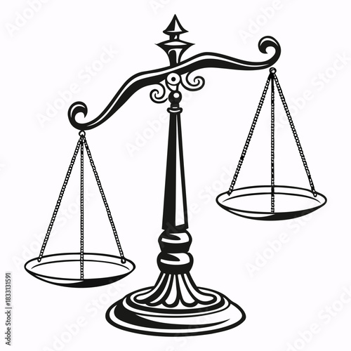 Justice scales symbol, black silhouette on white background, representing law and balance