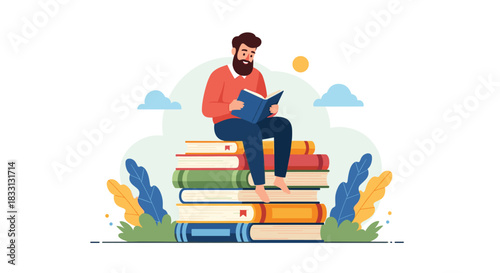 A man with a beard sits on a stack of colorful books and reads a book.