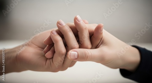 Two hands gently holding each other fingers intertwined