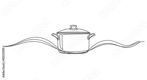 Single line drawing of a cooking pot with wavy steam emanating from it.