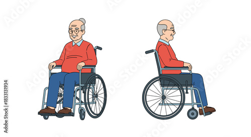 Elderly man in a wheelchair shown from front and side views.