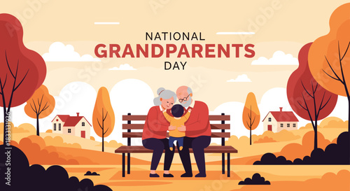 Illustration of grandparents hugging their grandchild on a bench in a park on National Grandparents Day.