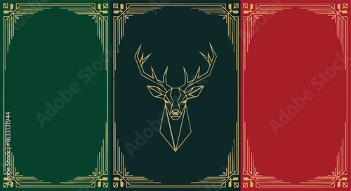 Geometric deer head with elegant decorative frames on a tri-color background ideal for festive design templates