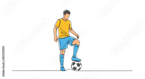 A minimalist line drawing of a soccer player with one foot on a ball.