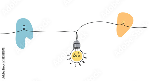 A single black line connects two abstract shapes and a lit light bulb, representing connection and ideas.