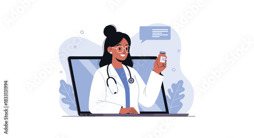 Doctor holding medicine vial on a laptop screen for telehealth consultation.