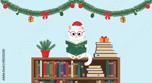 Cute white cat wearing a Santa hat reads a Christmas book on a bookshelf.
