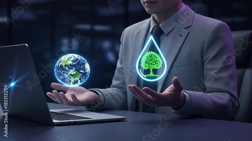 A businessman holding a glowing earth globe and water droplet holograms showing balance in energy and water nexus and sustainable development planning