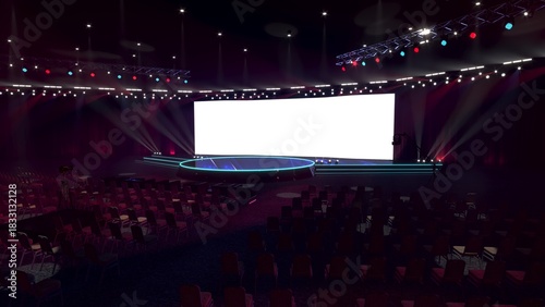 Conference Stage Designs. Meeting event scene, party scene design. Empty stage design for mockup and corporate identity, display. Platform elements in hall.	
