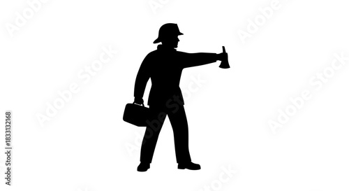 Silhouette of a Firefighter with Axe and Toolbox.