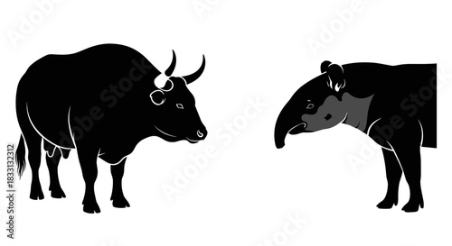 Silhouette of a Gaur and a Tapir on White Background.