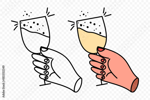 Vector illustration of Hands holding champagne glasses on transparent background
