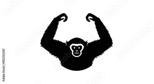 Silhouette of a Gibbon with Arms Raised Up.