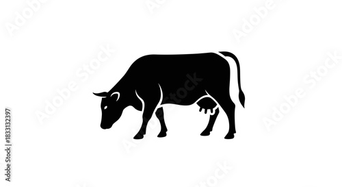 Silhouette of a Grazing Cow on White Background.
