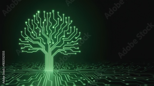 Glowing green circuit board tree symbolizing digital growth and environmental technology