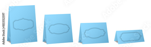 Set of table cards with vintage frames. Light blue bent sheets of different sizes. Tent table card, nameplate