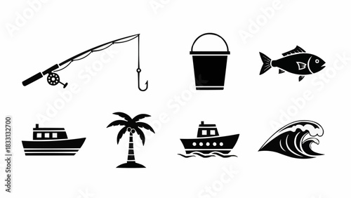 Fishing and Nautical Icons - Rod, Bucket, Fish, Boats, Palm, Wave.