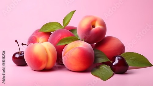 Delicious peaches and cherries on a pink background create a vibrant, fresh, and healthy feel perfect for summer recipes and healthy lifestyle promotions