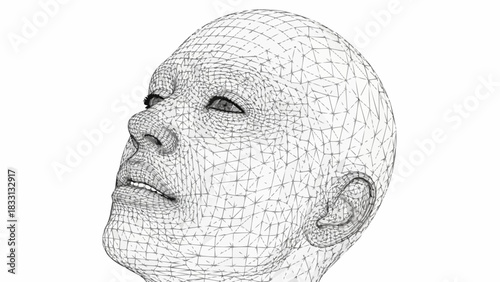 Wireframe human head looking up, digital art concept.