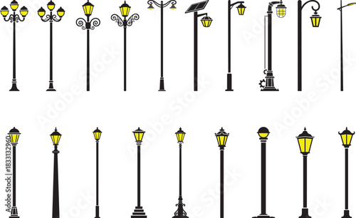 Vintage and modern street lamp post silhouettes collection, urban lighting vector illustration, city infrastructure design elements, outdoor night light concept, 
