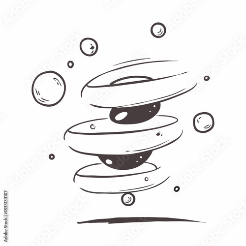 Abstract illustration of stacked rings with dark spheres and bubbles