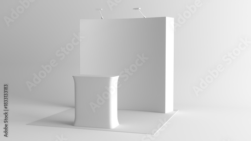 Trade stand mockup. Blank exhibit stand mockup, fair stand. Blank indoor exhibition with work paths. Blank trade exhibition booth system stand.	
