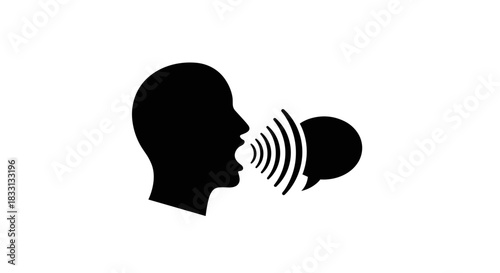 Silhouette of a Person Speaking with Sound Waves and Speech Bubble.
