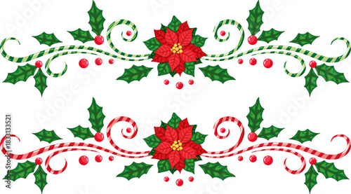 Christmas borders with candy canes and poinsettia. Winter holiday dividers. Vector isolated decorations 