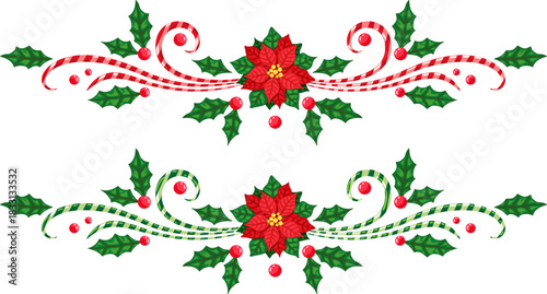 Christmas borders with candy canes and poinsettia. Winter holiday dividers. Vector isolated decorations 