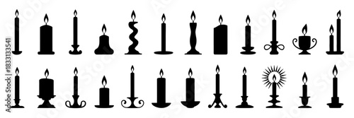 Candle silhouette set featuring religious symbols, commemorative elements, and party designs, perfect for spiritual artwork, celebration graphics, memorial projects, decorative illustrations, and vers