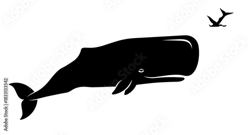 Silhouette of a Sperm Whale with Bird in the Sky.