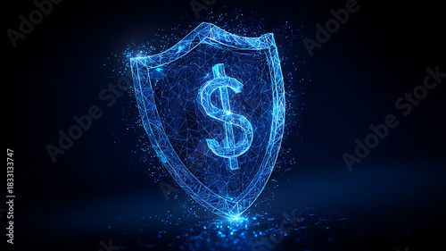 A digital shield with a dollar symbol representing financial protection and the conceptual safeguarding of monetary assets within secure technological systems.
